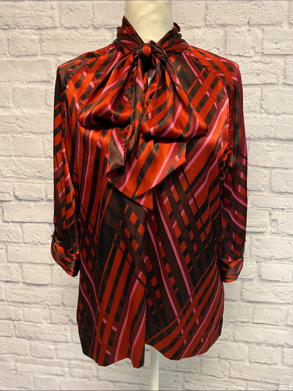 New York & Company Red, Pink & Black Striped Tie-Neck Satin Blouse Size Large